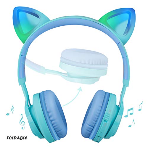 Riwbox Kids Headphones, CT-7S Cat Ear Bluetooth Headphones 85dB Volume Limiting,LED Light Up Kids Wireless Headphones Over Ear with Microphone for Laptop/PC/TV(Blue&Green)