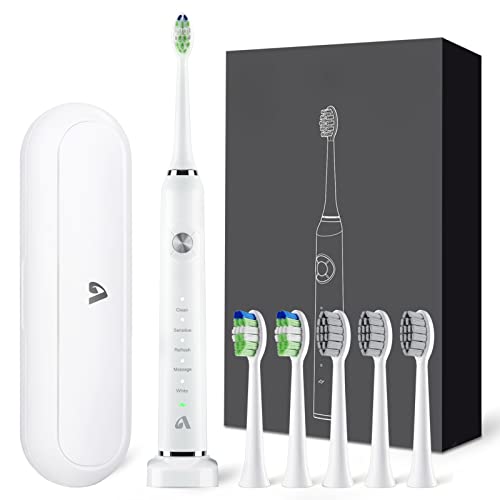 JTF Electric Toothbrush for Adults - Rechargeable Sonic Toothbrush with 6 Brush Heads & Travel Case, Deep Clean 5 Modes, Power Electric Toothbrush with Smart Timer, Black