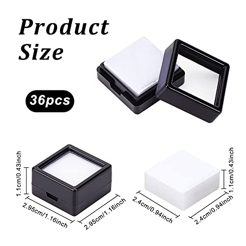 BENECREAT 36PCS Black Gemstone Display Box Mini Square Acrylic Jewelry Box Container(1.2x1.2x0.6) with Clear Top Lids and Sponge for Gems,Jewelry Packing