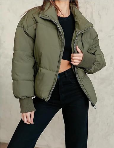 Yimoon Women's Winter Cropped Puffer Jacket Crop Warm Quilted Jacket Short Padded Outerwear Coats (ArmyGreen-S)