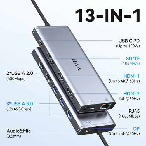 USB C to Dual HDMI Adapter,USB C Docking Station Dual Monitor Adapter for Dell/HP/Lenovo Laptop,iPhone 15,USB C Hub Dongle Multi Monitors Adapter with 2 HDMI Ports+Displayport DP Port+VGA+3 USB