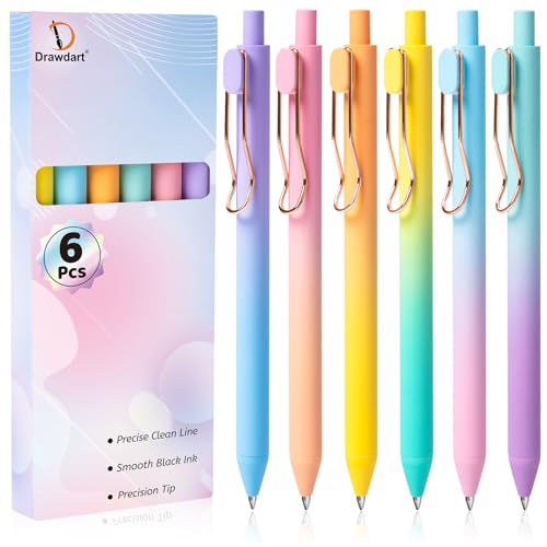 Drawdart Gel Pens, 6 Pcs Smooth Writing Pens No Bleed & Smear, Black Ink Cute Pens Fine Point (0.5mm), Retractable Aesthetic Journaling Pens School Office Supplies for Women & Men