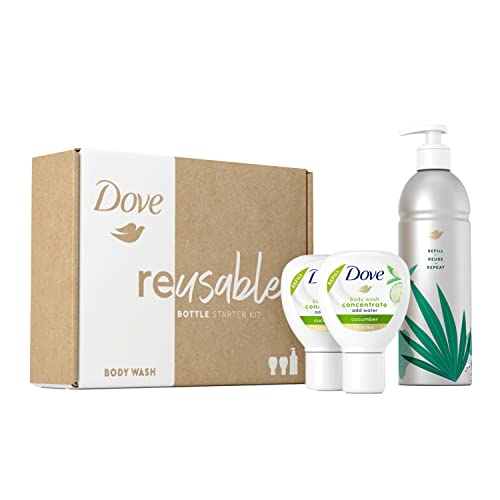 Dove Body Wash Aluminum Reusable Bottle and Concentrate Refill (2x) Starter Kit for Instantly Soft Skin Cucumber for skin care and Lasting Nourishment 4oz (makes 16oz)