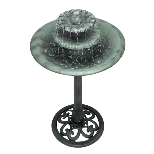 Alpine Corporation - TEC106 Outdoor Floor 3-Tiered Pedestal Water Fountain and Birdbath, Pedestal Waterfall Fountain, 35", Green - Relaxing Water Feature for Garden, Patio, Deck, or Yard