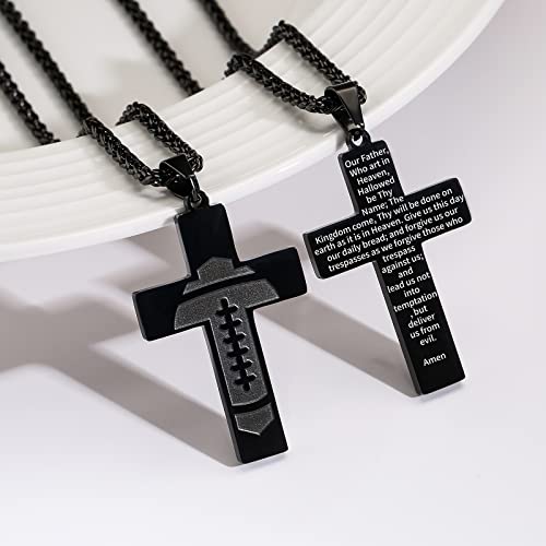 GLITTO Football Cross Necklace for Boys Men Stainless Steel Pendant Chain Religious Christian Baptism First Communion Confirmation Stuff Gear Accessories Jewelry Gift Lord's Prayer Black