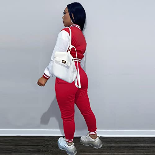 KELOVEPAN Casual Sweatsuits Women 2 Piece Sets Long Sleeve Patchwork Button Down Bomber Varsity Jackets Pants Set Sexy Black S