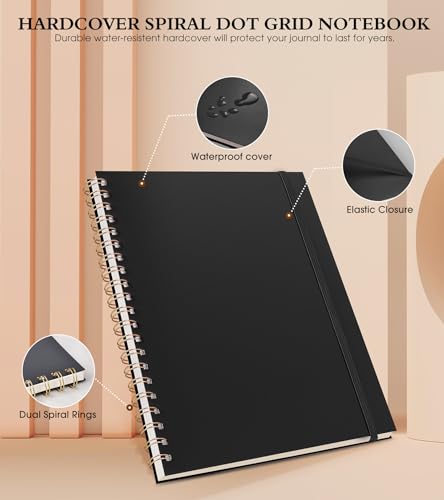 Dotted Notebook, Spiral Notebook Journal 8.5” x 11”, A4 Large Dot Grid Notebooks for Women Men, 100 GSM Dotted Paper, Plastic Hardcover Spiral Bullet Dotted Journals for Work School Sketching, Black