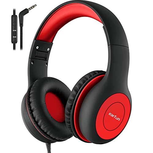 EarFun Kids Headphones Wired with Microphone, 85/94dB Volume Limit Headphones for Kids, Portable Wired Headphones with Shareport, Stereo Sound Foldable Headset for School/Tablet/PC/Kindle, Black Red