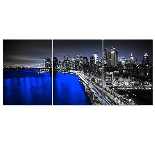 LevvArts 3 Panel New York City Wall Art Canvas Brooklyn Bridge Night View Picture Print Modern Black and Red City Poster Painting for Home Office Bedroom Decoration (Blue, Small)