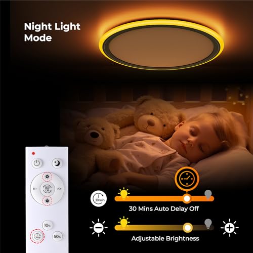 BLNAN 13in LED Flush Mount Ceiling Light Fixture with Remote Control, Dimmable Night Light 2000K, 3000K-6500K 24W Wired Low Profile Light for Bedroom, Kitchen, Living Room, Round Black
