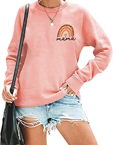 MOUSYA Mama Top Women Mama Sweatshirt Rainbow Graphic Shirt Long Sleeve Crew Neck Pullover Mom Blouse (Green, Small)