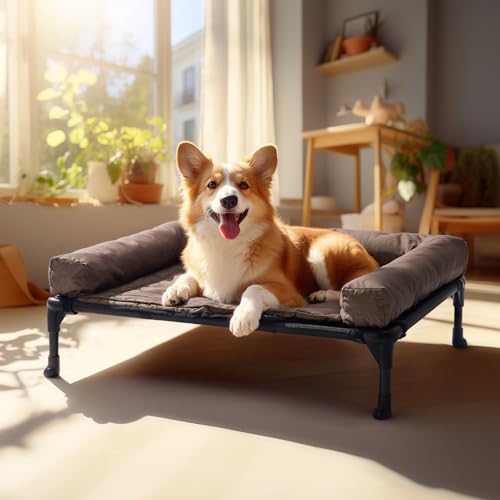 Veehoo Cooling Elevated Dog Bed + Waterproof Removable Pillow-Top Mat, Bolster Dog Cot Bed, Raised Dog Bed with Breathable Mesh, No-Slip Feet, Dog Sofa Bed for Indoor & Outdoor, Medium, Beige CWC2331B