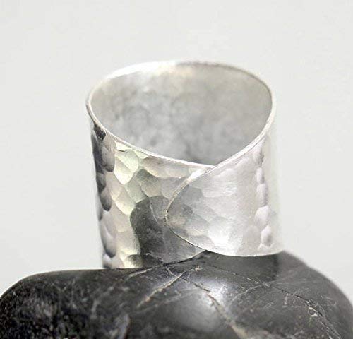 Hammered Sterling Silver Handmade Classic Wide Band Boho Statement Ring, Shiny Finish Wrap Band Adjustable to Sizes 6-12, Also as Thumb Ring, Gift for Her