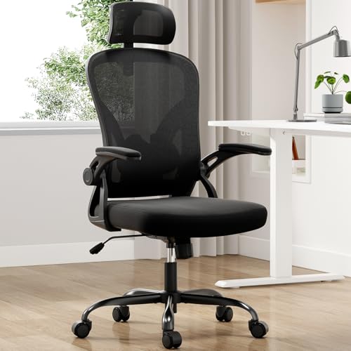 Farini Ergonomic Office Chair, Home Office Desk Chair with Headrest, High Back Computer Chair with Flip-up Armrests and Adjustable Lumbar Support for Home Office Study Room (with Headrest, All-White)