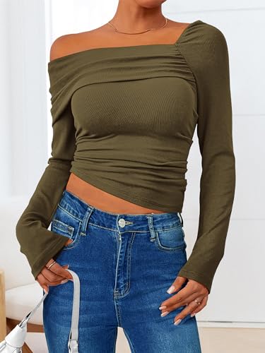 MASCOMODA Women 2024 Long Sleeve Crop Top Off The Shoulder Cute Going Out Tops Trendy Slim Fitted Ribbed Knit Tee Shirts(Army Green,Small)