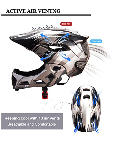 Natuway Toddler and Kids Full Face Helmet, Girl and Boy BMX Multi-Sport Detachable Mountain Dirty Bike Helmet Around 3-12 Years Head Circumference.
