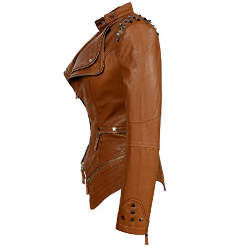 LFSS Women's classic large lapel dovetail rivet leather jacket casual personality fashion sexy punk motorcycle jacket solid color (2XS, Apricot)