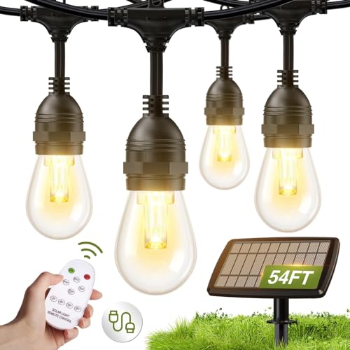 addlon 54FT(48+6) Solar String Lights Outdoor Waterproof with USB Port & Remote Control Dimmable Solar Patio Lights IP65 Solar Powered Edison LED Bulbs for Outside Bistro Camping