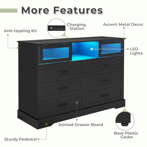 Hasuit 6 Drawer Dresser with LED Lights and Charging Station, Farmhouse Chest of Drawers Closet Organizer, Clothes Storage Cabinet Double Dressers for Bedroom, Living Room, Hallway, Black
