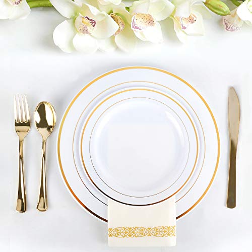 M MCIRCO 175 Piece Gold Dinnerware Set - 50 Plates - 25 Silverware - 25 Cups - 25 Paper Napkins, 25 Guest Disposable Gold Dinnerware Set