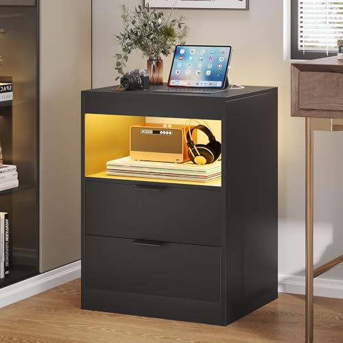 ADORNEVE LED Nightstand Black Nightstand with Wireless Charging Station 2 Drawers, Modern Bedroom End Side Table with LED Lights, Wooden Sofa Bedside Table with Pull-Out Shelf
