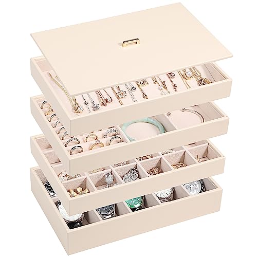 Voova Stackable Jewelry Organizer Tray with Lid, PU Leather Jewelry Storage Holder for Drawer Inserts, Jewellery Display Box Case for Earring Necklace Ring Watch Bracelet (Set of 4, Apricot)