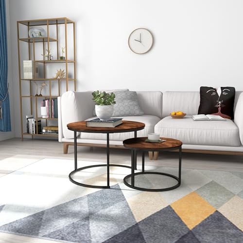HOMERECOMMEND Round Coffee Table Set of 2 Modern Nesting Side End Table for Living Room,Round Wooden Coffee Table with Solid Powder-Coated Metal Frame, Rustic Brown/Black