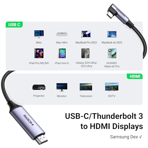 UGREEN USB C to HDMI Cable (4K@60Hz) 3.3FT, Type C Thunderbolt 4/3 to HDMI for Home Office Compatible with iPhone 16 Pro Max Plus, MacBook Pro Air iPad Pro, XPS, Galaxy S24 Steam Deck