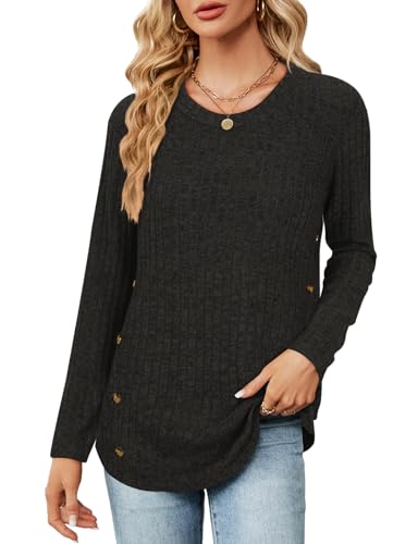 LURANEE Long Sleeve Shirts for Women,Long Sleeve Shirts for Women Lightweight Tunic Sweaters Casual Crewneck Tops Black S