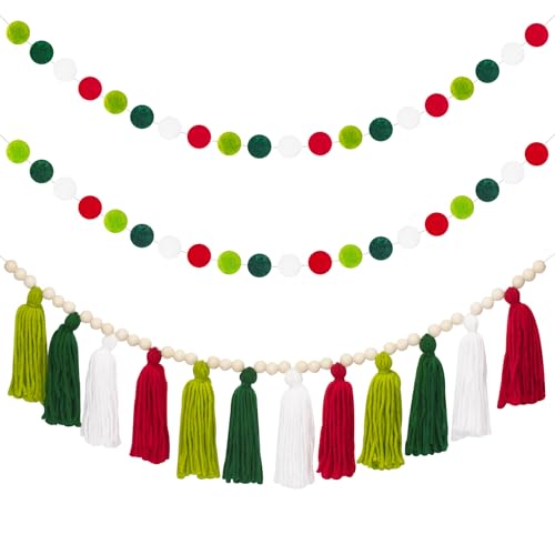 joycraft Tassel Garland Banner with Pom Pom Garlands, 3.6Ft Christmas Home Decor Tassels Garland, Tassel Banner with Wood Beads, Wall Hanging Tassel Garland Decor for Back to School, Home, Christmas