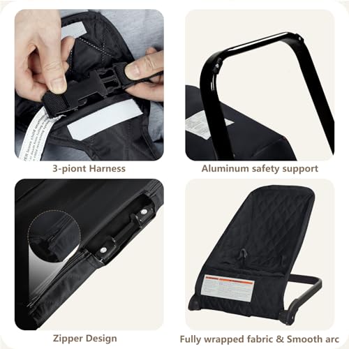 Kinder King Portable Baby Bouncer, Foldable Bouncer Seat w/Thickened Soft Cushion, 3-Point Harness, Lightweight Newborns Bouncy Seat, Black
