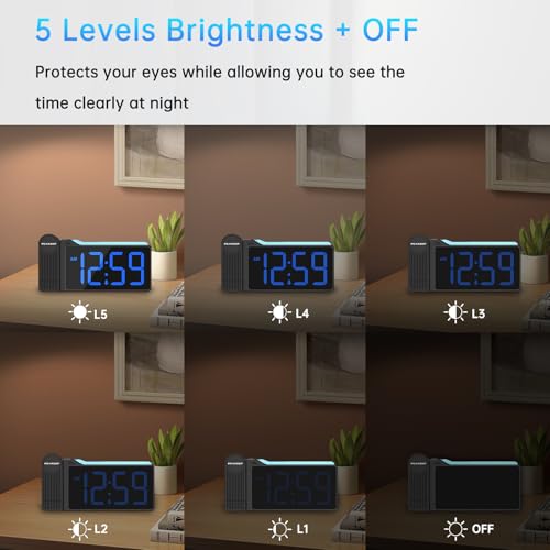 Peakeep Digital Clock, Nightlight Projection Alarm Clock for Bedroom Ceiling, LED Plug in Electric Bedside Clock USB Charger, Battery Backup, Large Numbers Loud Alarm Clock for Heavy Sleepers (Blue)