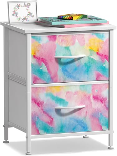 Sorbus Kids Dresser with 2 Drawers - Storage Chest Organizer Nightstand - Steel Frame, Wood Top, Tie-Dye Fabric Bins for Clothes - Wide Furniture for Bedroom, Hallway, Nursery, Closet, & Apartment