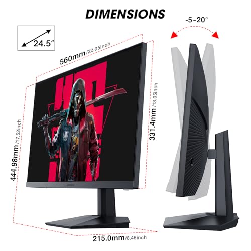 KOORUI 24.5” FHD 1920x1080p VA Gaming Monitor, 170Hz 1ms Monitor, FreeSync Premium, Adaptive Sync, 2xHDMI(144Hz) & DisplayPort(170Hz), sRGB 125%, 75 * 75mm VESA, Tilt Adjustable, Eye Care, Black