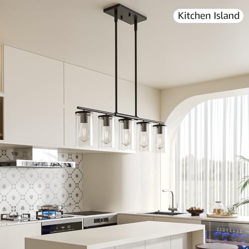 Zevluck 5 Light Island Lights for Kitchen, Black Chandelier Light Fixture with Glass Shades, Dining Room Light Fixtures Over Table with Adjustable Rods, Farmhouse Chandeliers for Dining Room, Island