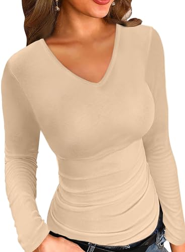 LOLONG Fitted Tees for Women Long Sleeve V Neck Casual Basic T-Shirts Ribbed Knit Solid Slim Layering Tops Grey