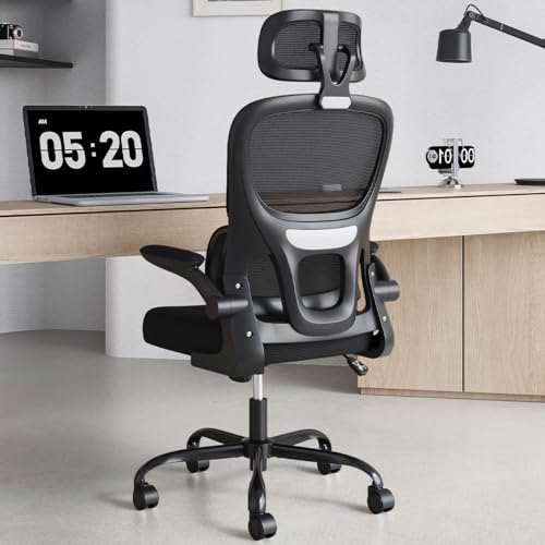 Soohow Ergonomic Home Office Chair, Mesh Desk Chair with Lumbar Support, Comfy Computer Desk Chair with Flip Armrest Rolling Wheels, Black.