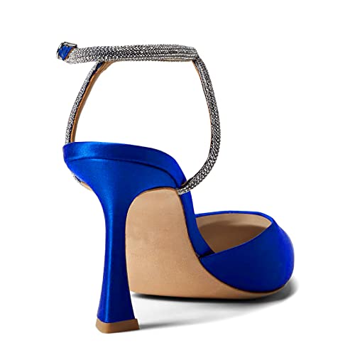 Coutgo Women Rhinestone Heels Kitten High Satin Pumps Pointed Toe Sparkly Sexy Wedding Dress Shoes Apricot