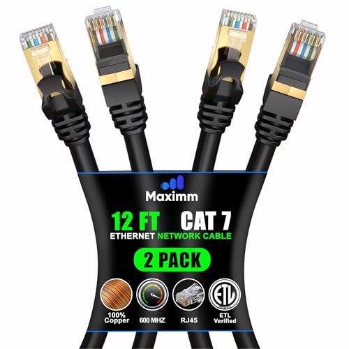 Cat 7 Ethernet Cable 12 ft - High-Speed Internet & Network LAN Patch Cable, RJ45 Connectors - 12ft / Black / 2 Pack - Perfect for Gaming, Streaming, and More