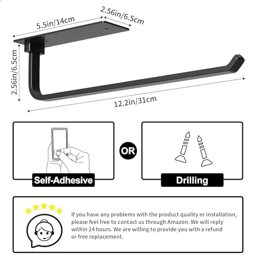 Paper Towel Holder - Self-Adhesive or Drilling, Matte Black Paper Towel Rack Under Cabinet for Kitchen, Upgraded Aluminum Kitchen Roll Holder - Lighter but Stronger Than Stainless Steel!