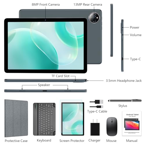 Android 14 Tablet 10 Inch, 4G Cellular Tablet, Octa-Core, 128GB Storage + 14(8+6)GB RAM/ 1TB Expandable, 5G WiFi, 8000mAh Battery, Bluetooth 5.0, 13MP+8MP Camera, Tablet with Keyboard/Case Kit, Gray