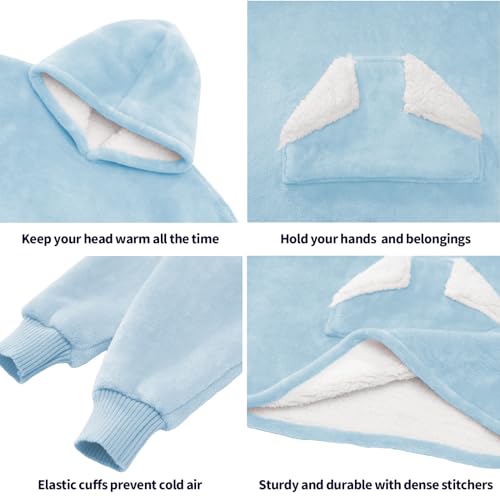 Touchat Wearable Blanket Hoodie, Oversized Sherpa Blanket Sweatshirt with Hood Pocket and Sleeves, Super Soft Warm Plush Hooded Blanket for Kids, One Size Fits All (Airy Blue)