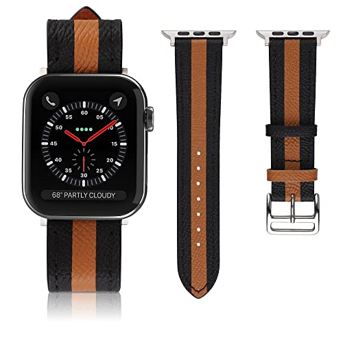 VAKS Compatible with Apple Watch Leather Band 41mm 40mm 38mm for Women Men, Genuine Leather WristBands Replacement Strap for iWatch Series SE2/8/7/6/5/4/3/2/1/SE, Black Brown Black