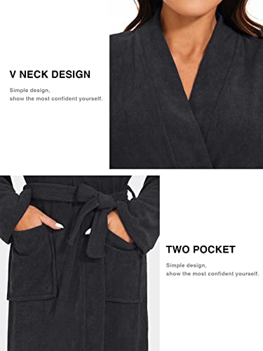 Knuffnee Women Bath Robes Terry Cloth Towel Robe Knee Length Bathrobe with Pockets Black S