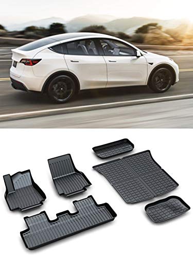 EXCEL LIFE All Weather Full Set of TPE Floor Mats and Rear Trunk Frunk Cargo Tray for Tesla Model Y 2020-2024 for 5 Seater Flexible Eco-Friendly Anti-Slip Waterproof Protection Liner (Set of 6)