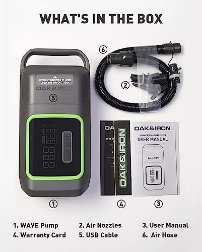 Oak & Iron Wave Electric Paddle Board Pump 20PSI SUP Pump 2.5X Faster Air Inflator & Deflation with Dual Stage Pumping Auto-Off for SUP, Boards, Boats