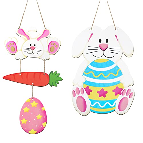 Easter Decoration Wood Door Wall Signs, Wooden Wreaths Front Door Sign Bunny Rabbit Sign Egg Truck Mason Jar Ornaments Hanging Crafts for Spring Home Farmhouse Party Porch Wall Decor