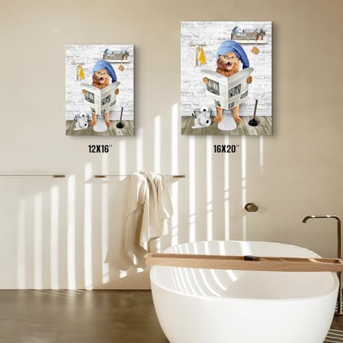 Funny Bathroom Decor Wall Art Cute Cat Sitting on the Toilet Reading Newspaper Bathroom Pictures Wall Decor Humor Animals Bathroom Canvas Prints Framed Artwork for Bathroom Bedroom Decor 12"x16"