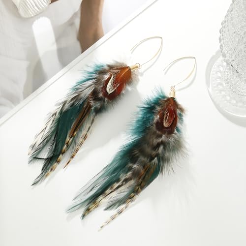 lureme Bohemian Style Multicolor Pheasant Feathers Dangle Earrings Large Feather Drop Earrings(er006405-1)