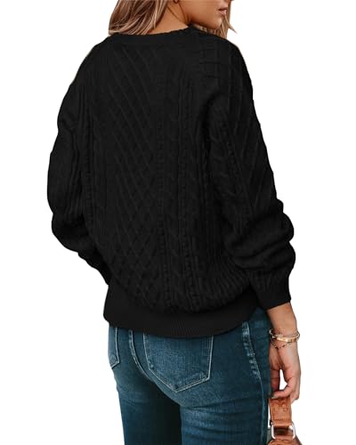 KIRUNDO Womens Sweaters 2024 Fall Winter Henley Long Sleeve Button Crew Neck Cable Knit Loose Cropped Sweater Pullover(Black, Small)